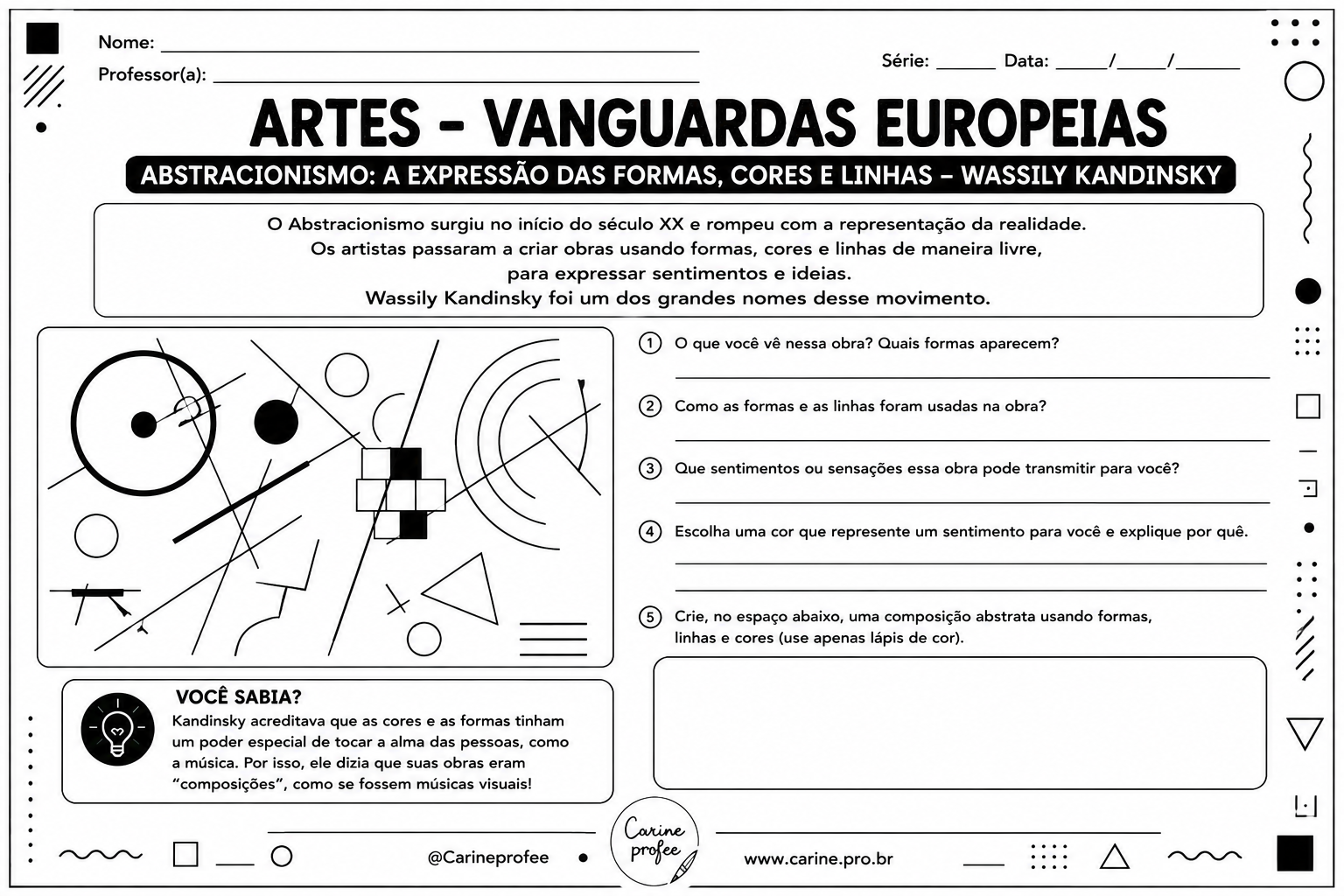 Página de atividades sobre Abstracionismo – formas, cores e linhas, de Wassily Kandinsky