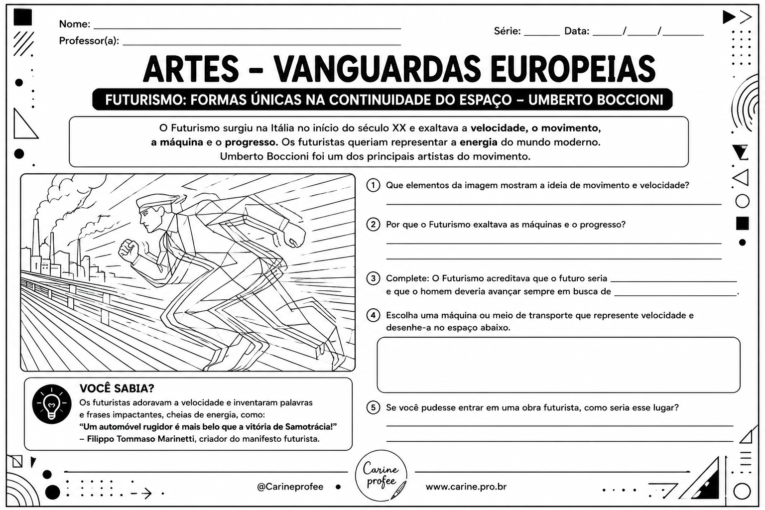 Página de atividades sobre Futurismo – Formas Únicas na Continuidade do Espaço, de Umberto Boccioni