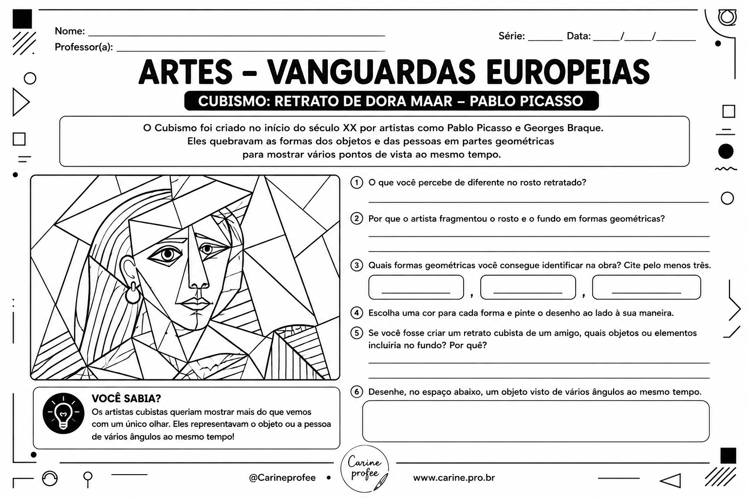 Página de atividades sobre Cubismo – Retrato de Dora Maar, de Pablo Picasso