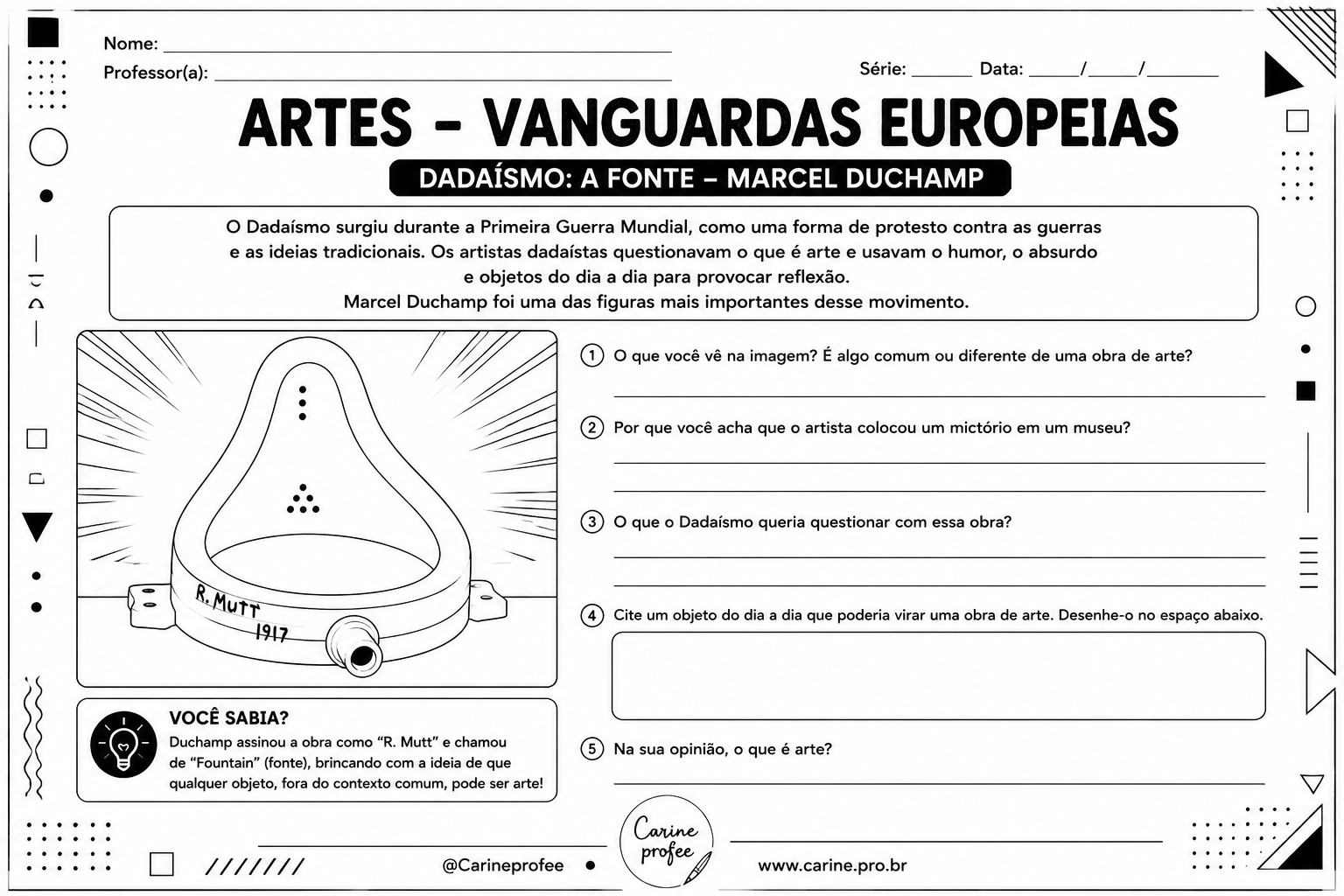 Página de atividades sobre Dadaísmo – A Fonte, de Marcel Duchamp