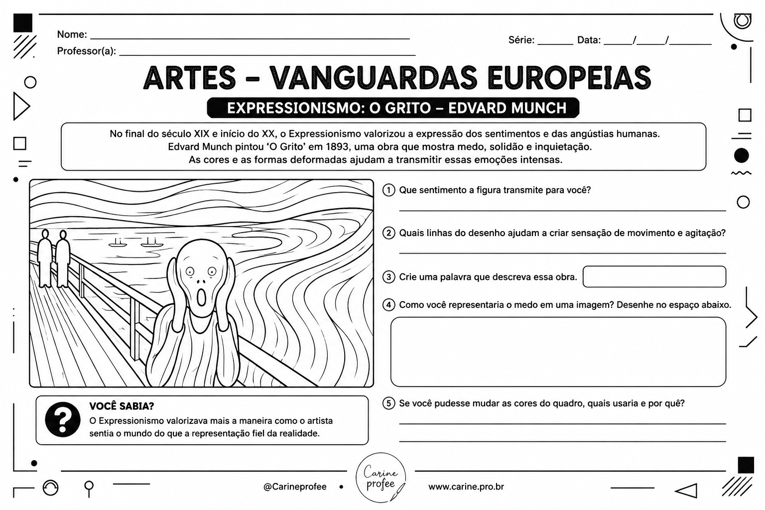 Página de atividades sobre Expressionismo – O Grito, de Edvard Munch
